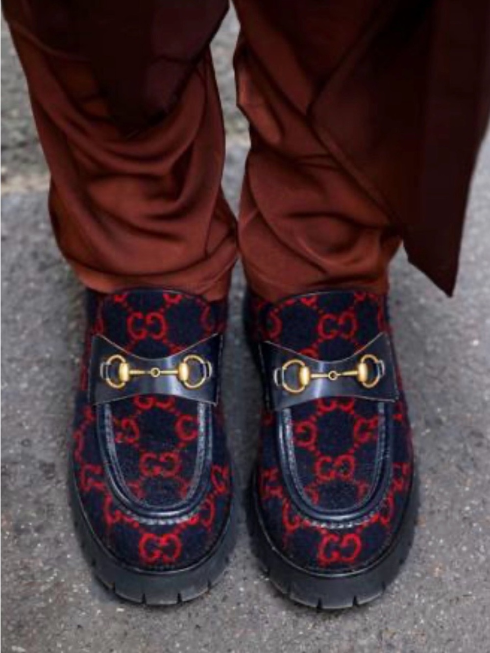 Gucci horsebit Navy & Red GG wool with black leather trim, Lug sole Boots/loafer